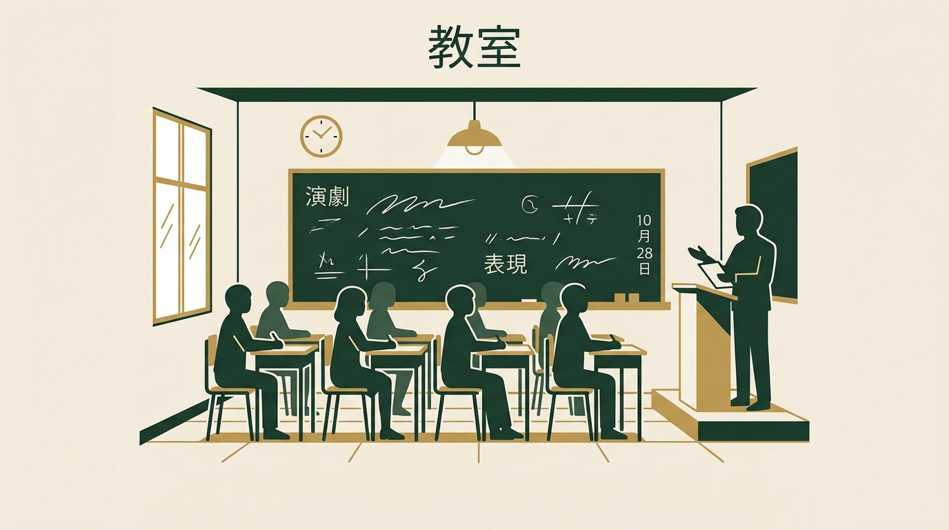 教室を舞台にした学園ドラマのワンシーンをイメージしたイラスト、黒板と生徒たちのシルエット
