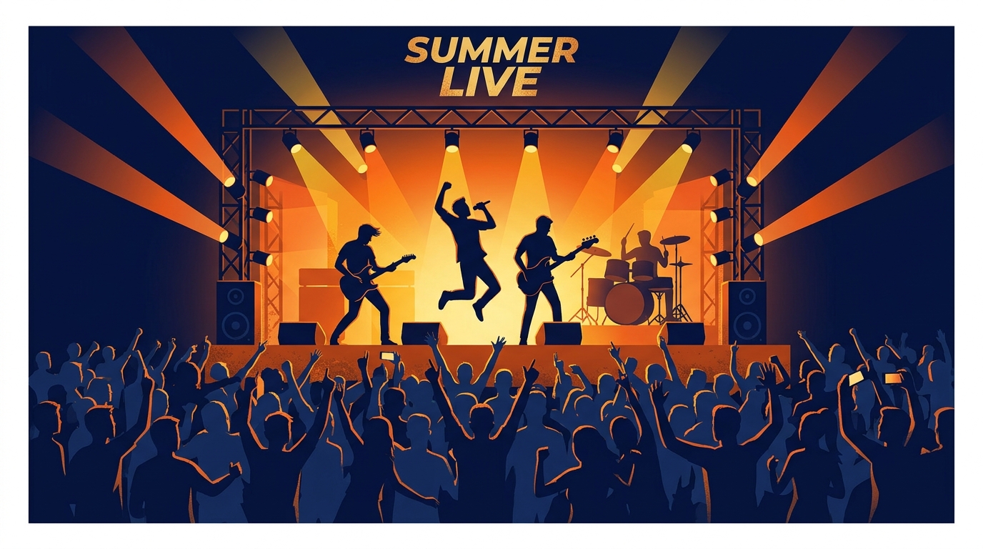 夏のライブ会場で音楽グループのメンバーがパフォーマンスをしている様子を描いたイラスト
