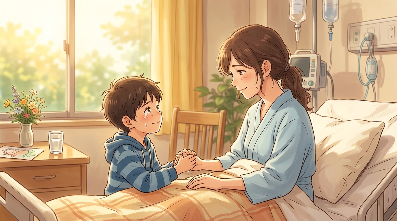 病室で目を覚ました母親の手を握る小さな男の子の感動的なシーン