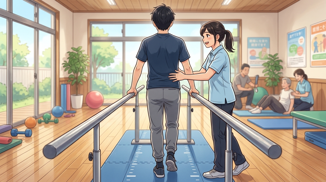理学療法士に支えられながらリハビリに励む青年の後ろ姿
