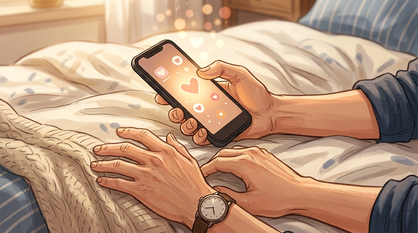 スマートフォンに届いた温かい応援メッセージを見つめる手元
