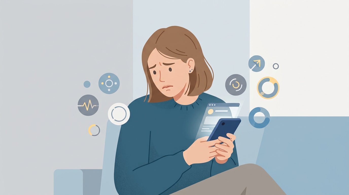 SNSアイコンが浮かぶスマートフォン画面を見つめる心配そうな表情の女性のイラスト