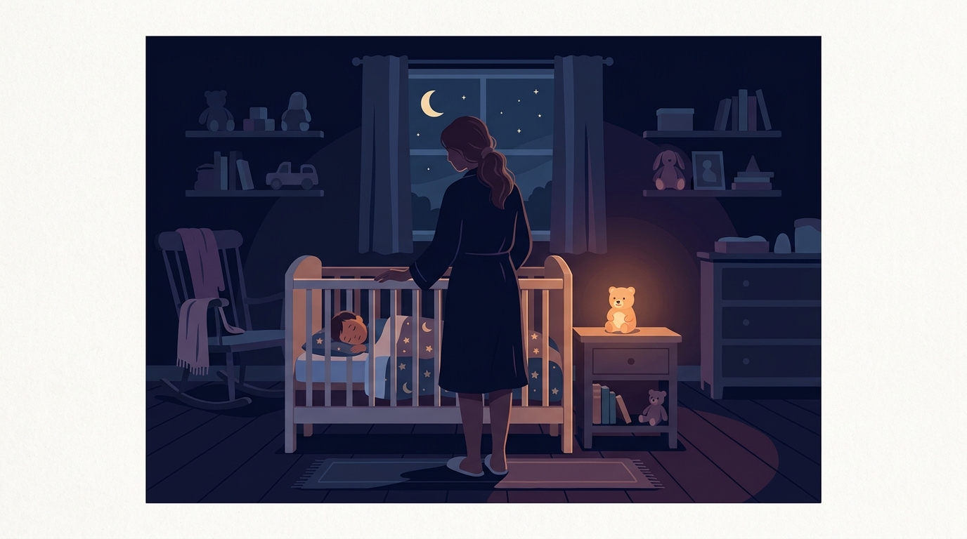 夜のリビングで子どもを心配そうに見守る母親のイラスト