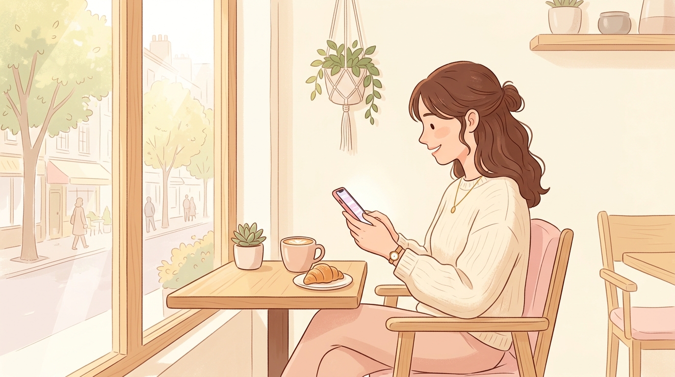 スマートフォンで記事を読みながら微笑む読者のイラスト
