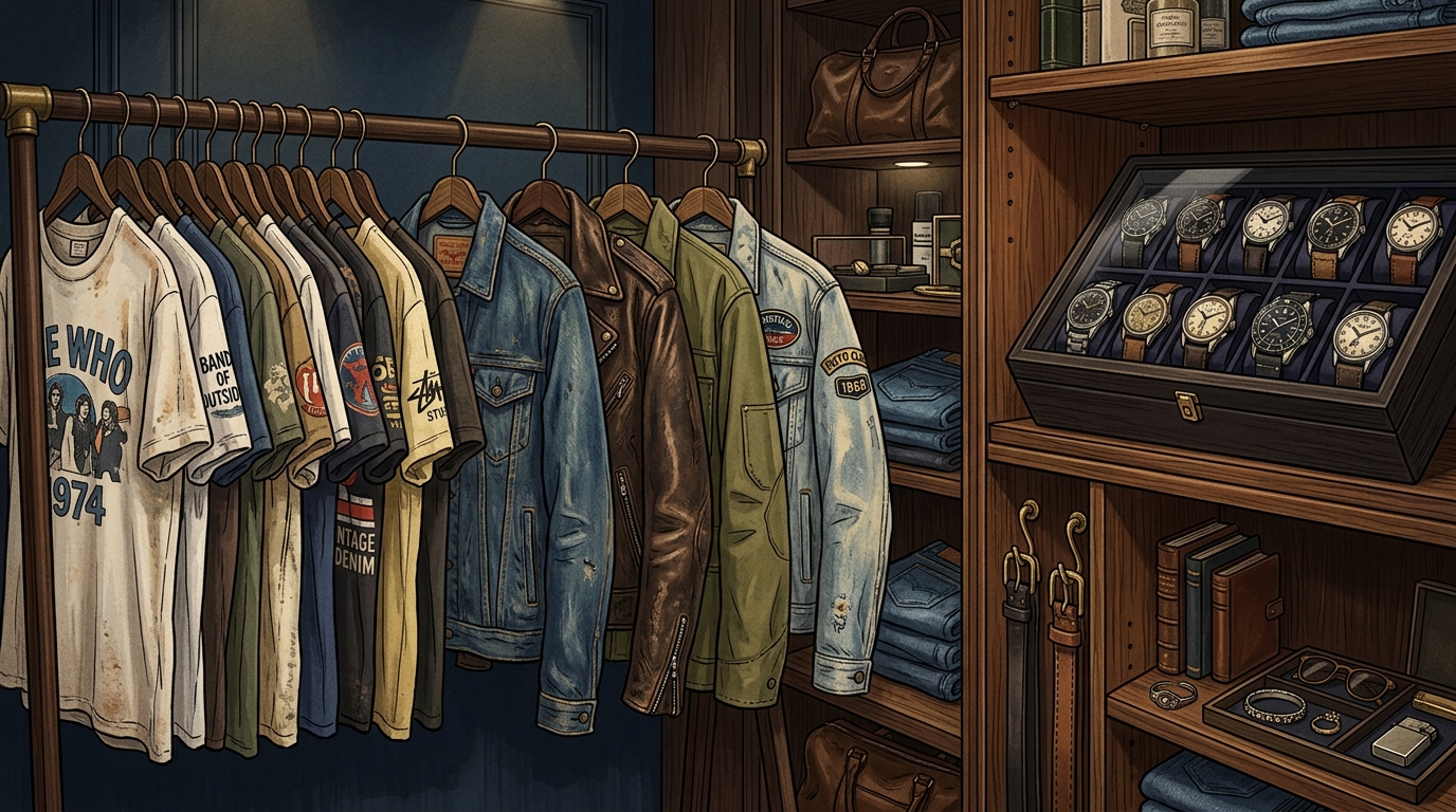 古着のコレクションと腕時計が並ぶ、こだわりの部屋をイメージしたイラスト