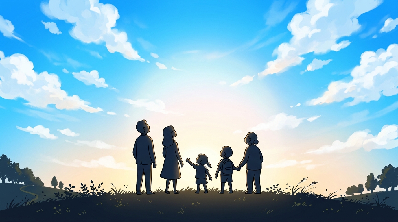 上を向いて歩こうの歌詞と共に空を見上げる人々のイメージイラスト