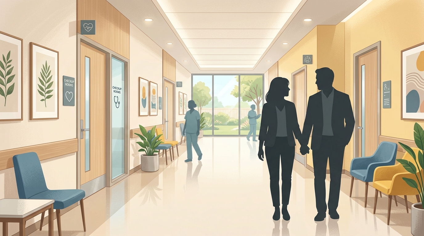 人間ドックの案内と体調管理を意識する夫婦をイメージしたイラスト
