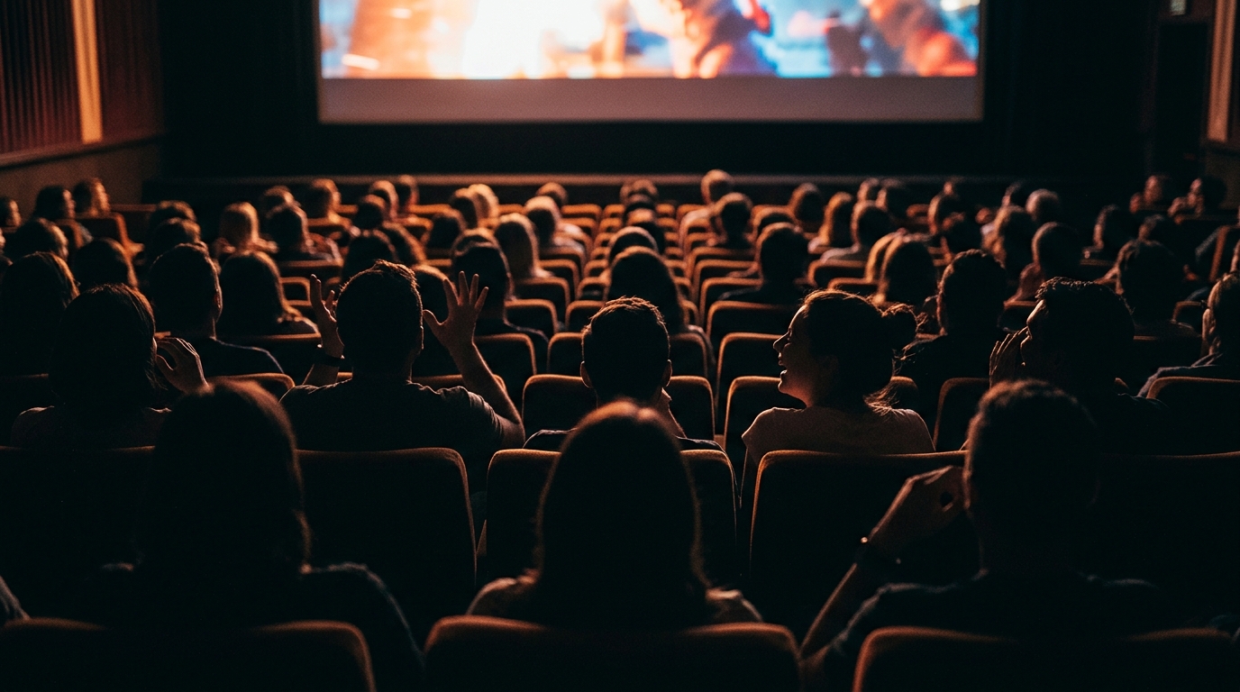 興行収入80億円突破を祝う映画館の観客のシルエットのイラスト