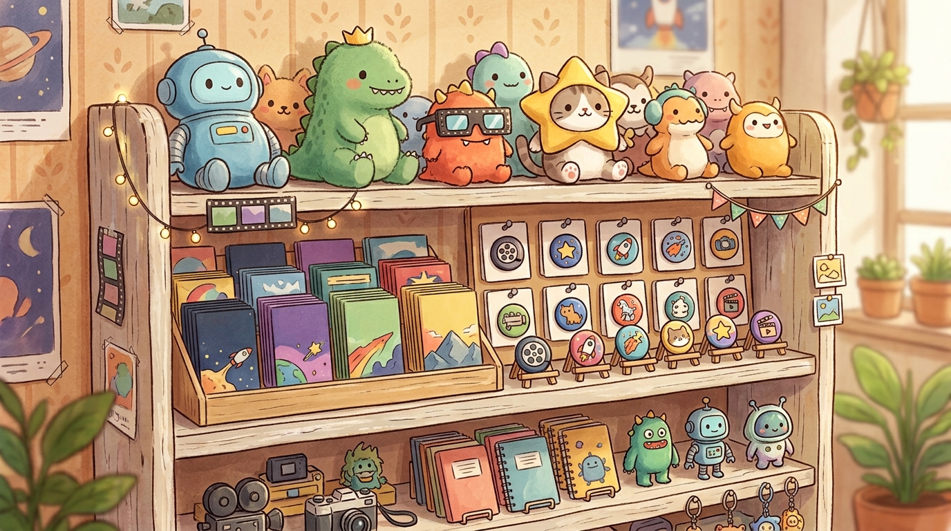 劇場グッズやぬいぐるみが並ぶ売店をイメージしたイラスト