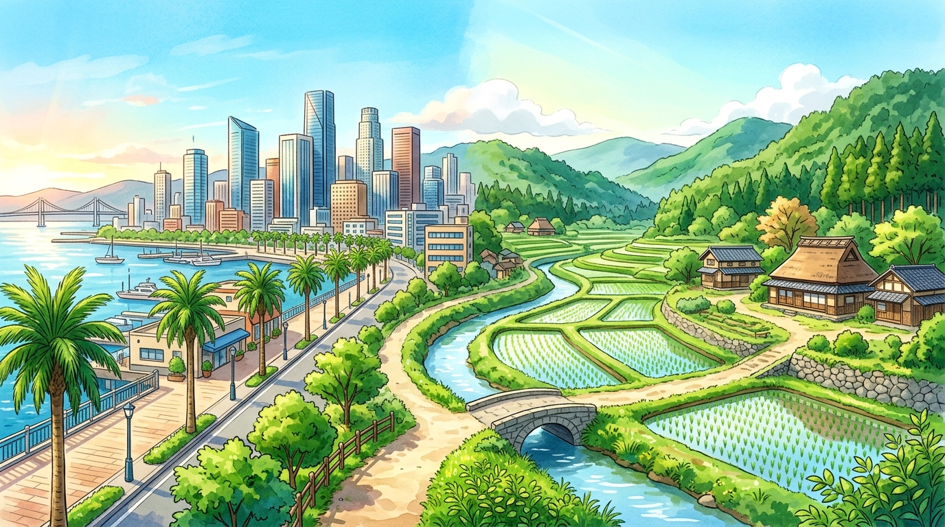 海外の街並みから日本の田園風景へとつながっていく旅立ちのイラスト
