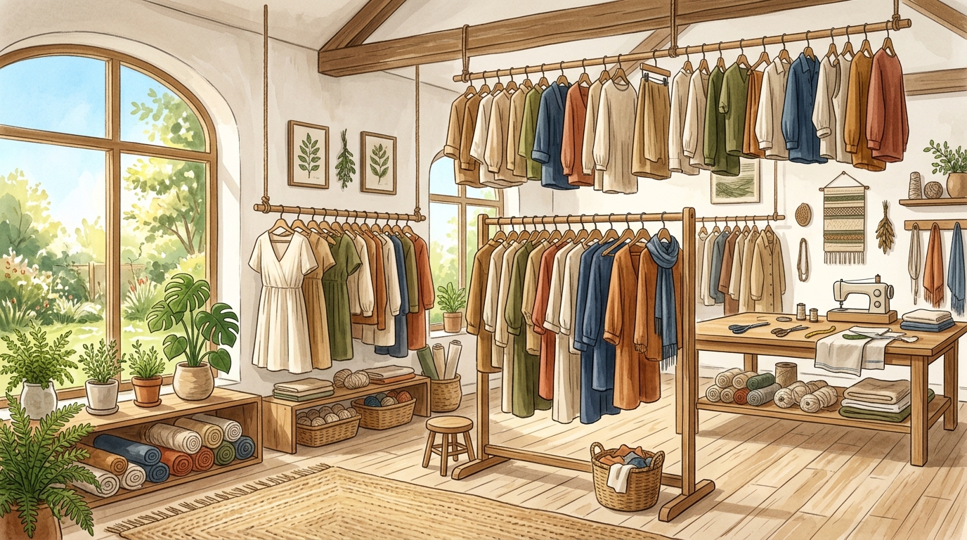 オーガニックコットンなどサステナブル素材の洋服が並ぶアトリエのイラスト