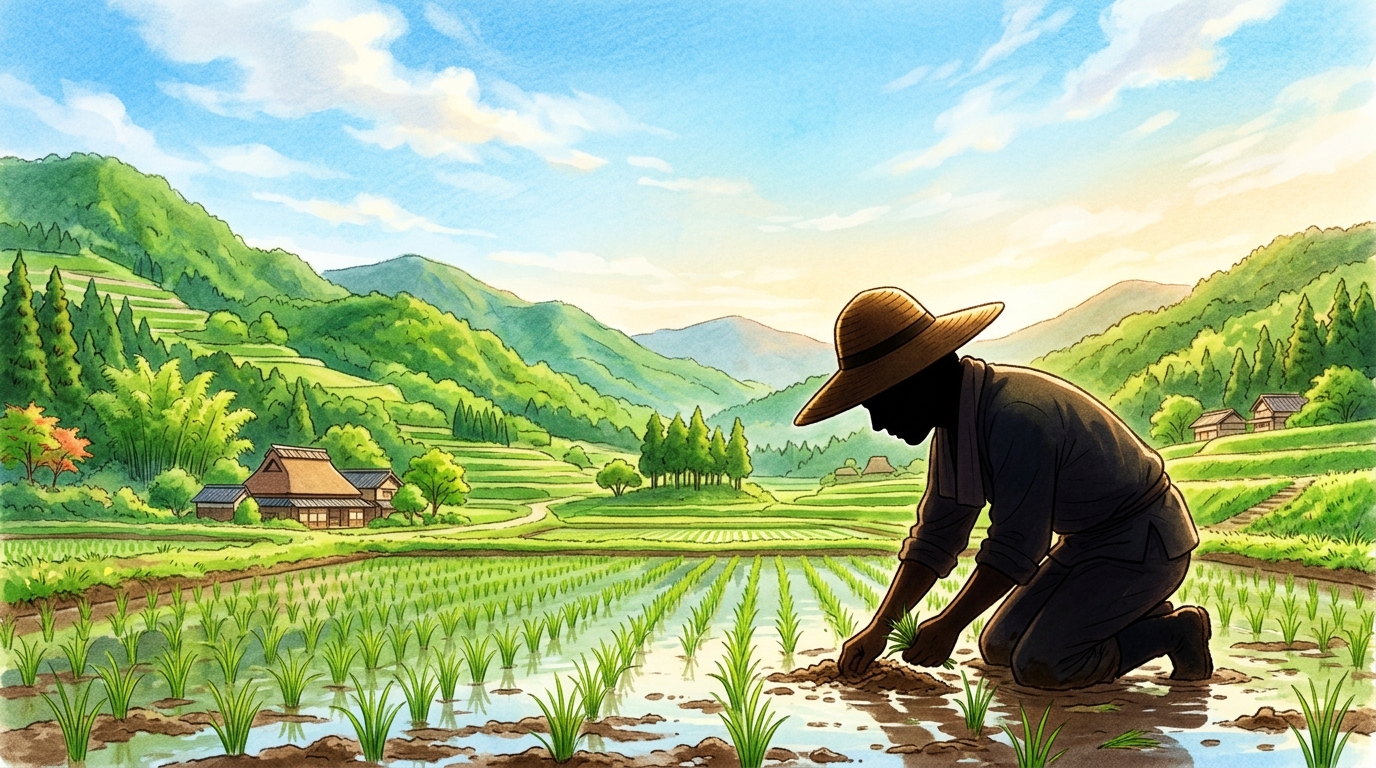 日本の山あいで田んぼの土に触れる人物のシルエットのイラスト