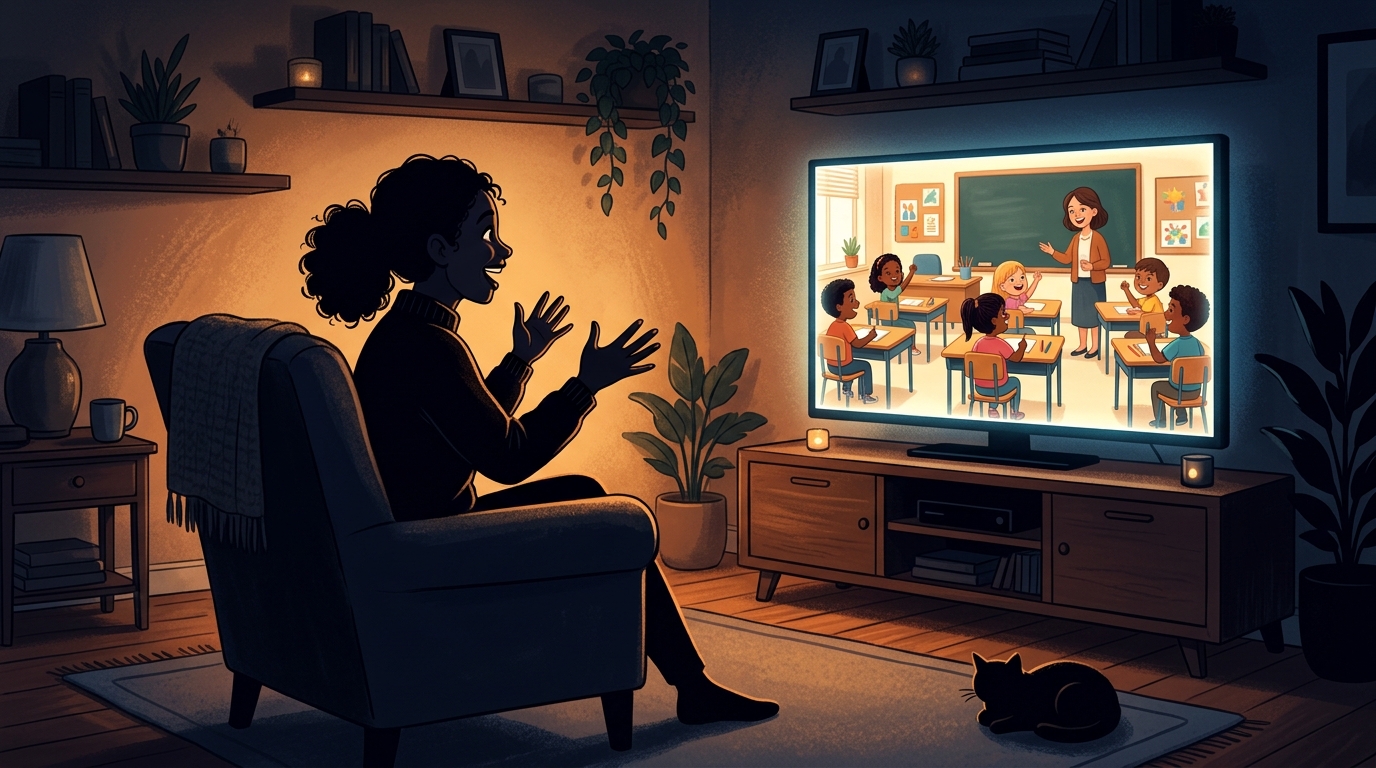 テレビの前で驚き喜ぶファンのシルエットのイラスト