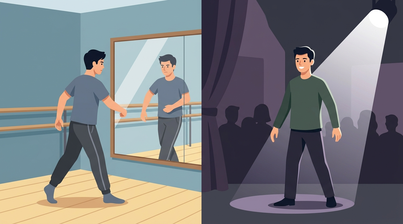 ダンスレッスンスタジオの隅で一人壁に向かって練習する青年のイラスト