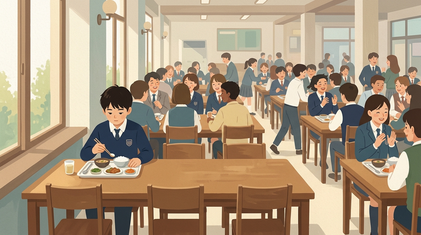 全寮制学校の食堂で一人ぼっちで食事をする東洋人の少年のイラスト