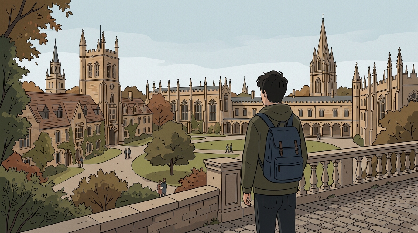 イタリアの歴史ある大学のキャンパスを眺める青年の後ろ姿のイラスト