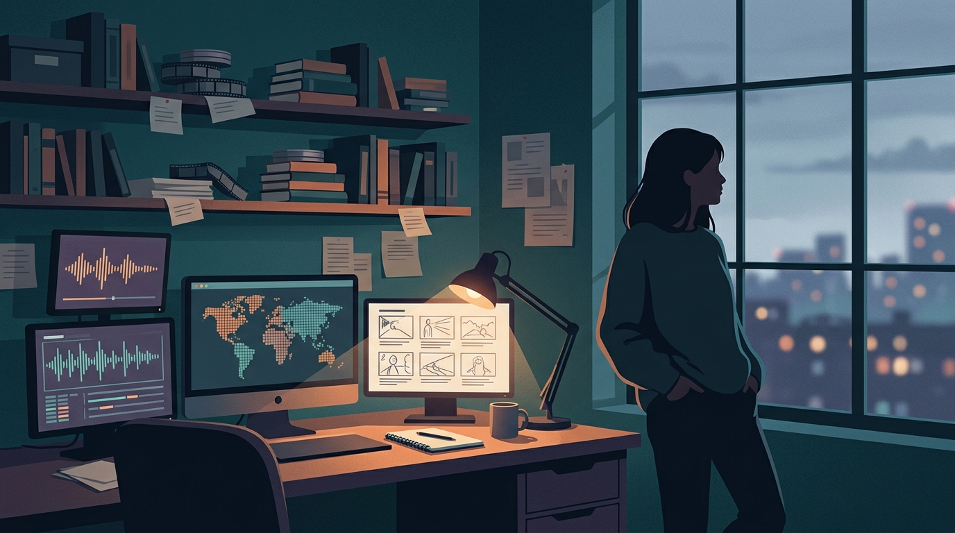 サスペンスドラマの資料が広がるデスクと、遠くを見つめる若い女性のシルエットのイラスト