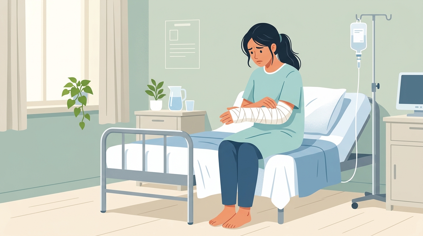 病院のベッドで包帯を巻いた腕を気にする若い女性のイラスト