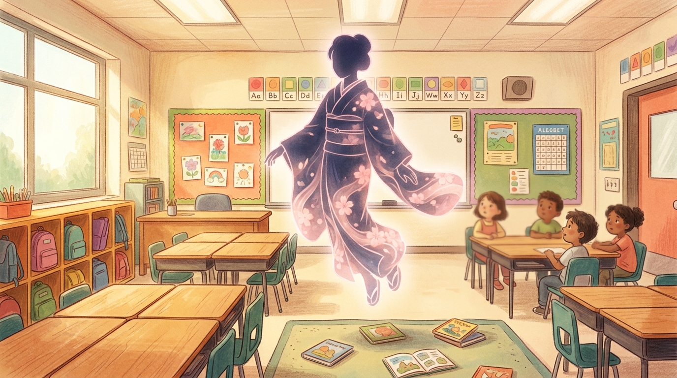 現代の小学校の教室をイメージした背景に、和風の着物のシルエットと現代の服装のシルエットが重なるように描かれた幻想的なイラ