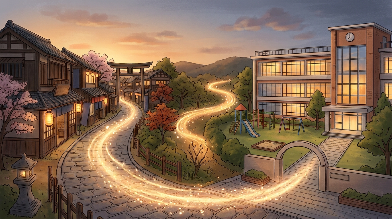 江戸時代の街並みと現代の小学校の校舎が左右で対比されるように描かれた、和と現代が融合するファンタジックなイラスト、暖色系
