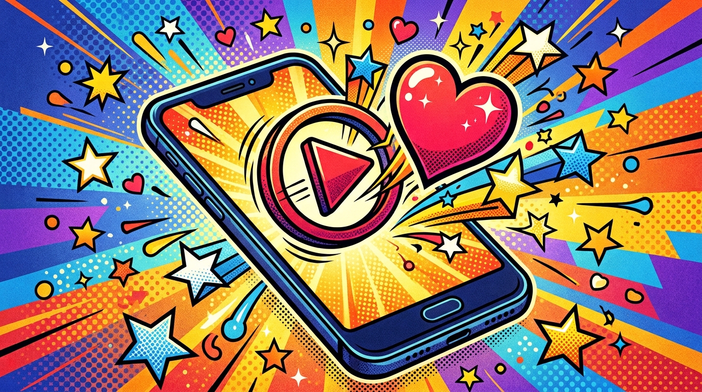 スマートフォンの画面に再生アイコンとハートマークが飛び交うポップなイラスト、K-POPと日本のアイドルを象徴する星のアイ