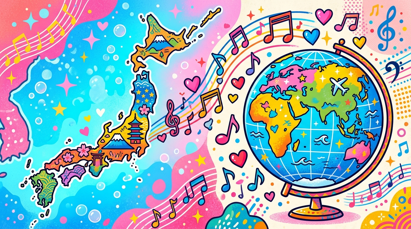 日本地図と地球儀が並び、その間を音符やハートのアイコンが飛び交うポップなイラスト、国境を越えて広がるブームをイメージ