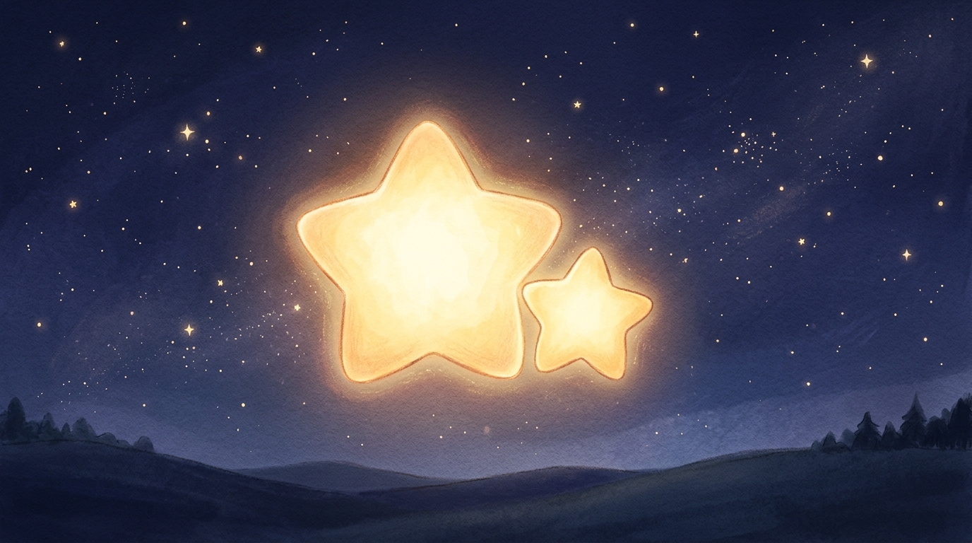 大きな星(先輩)と小さな星(後輩)が並んで光を放っているシンプルで温かいイラスト、親子や師弟関係をイメージ