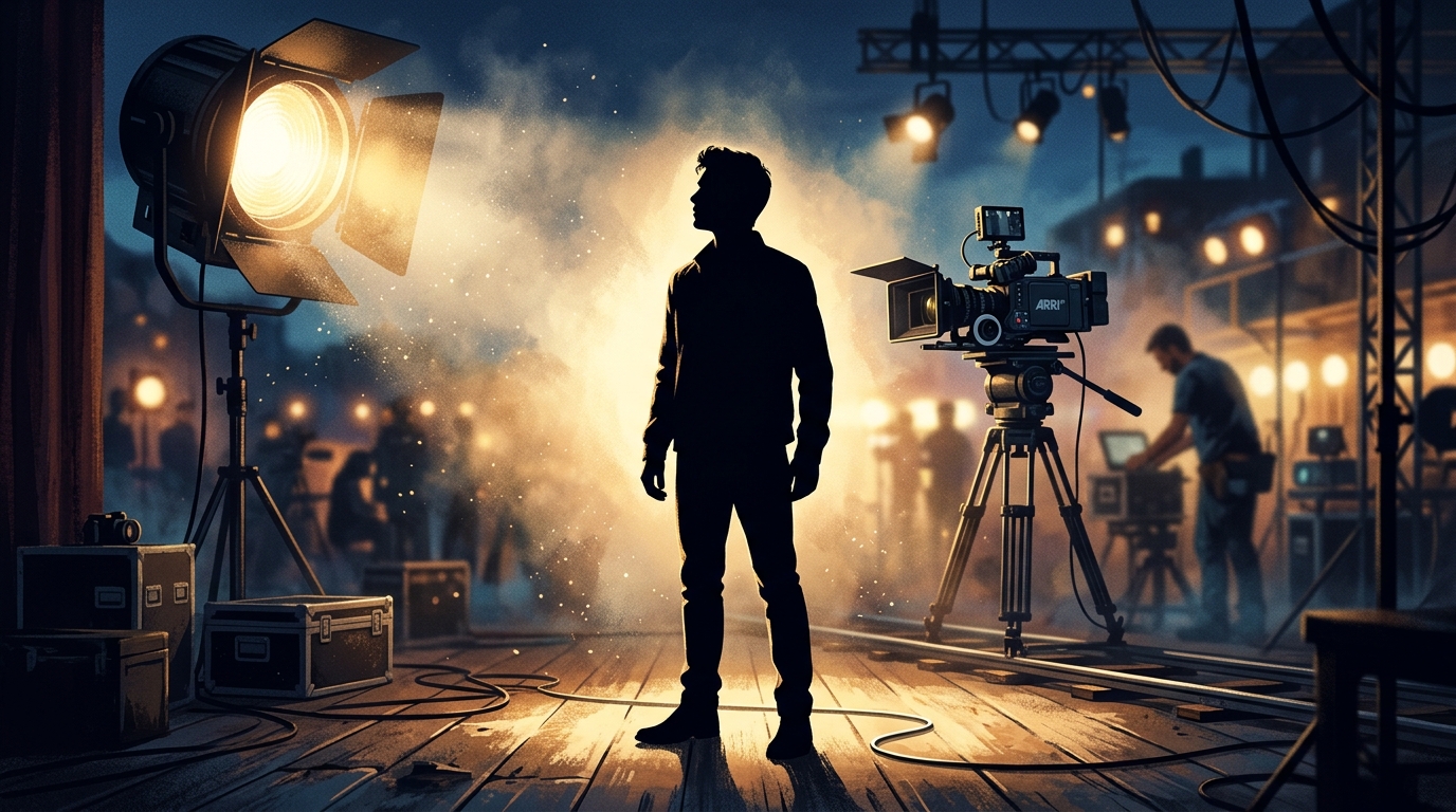 映画のスポットライトとカメラのシルエット、その前に立つ若い男性のシルエットが描かれた、俳優デビューをイメージする清々しい