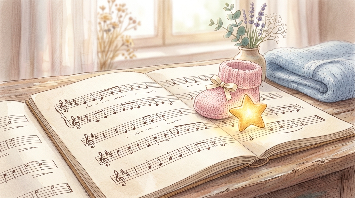 楽譜の上に小さな赤ちゃんの靴と星が置かれているような、音楽と新しい家族の始まりを表現した優しいイラスト