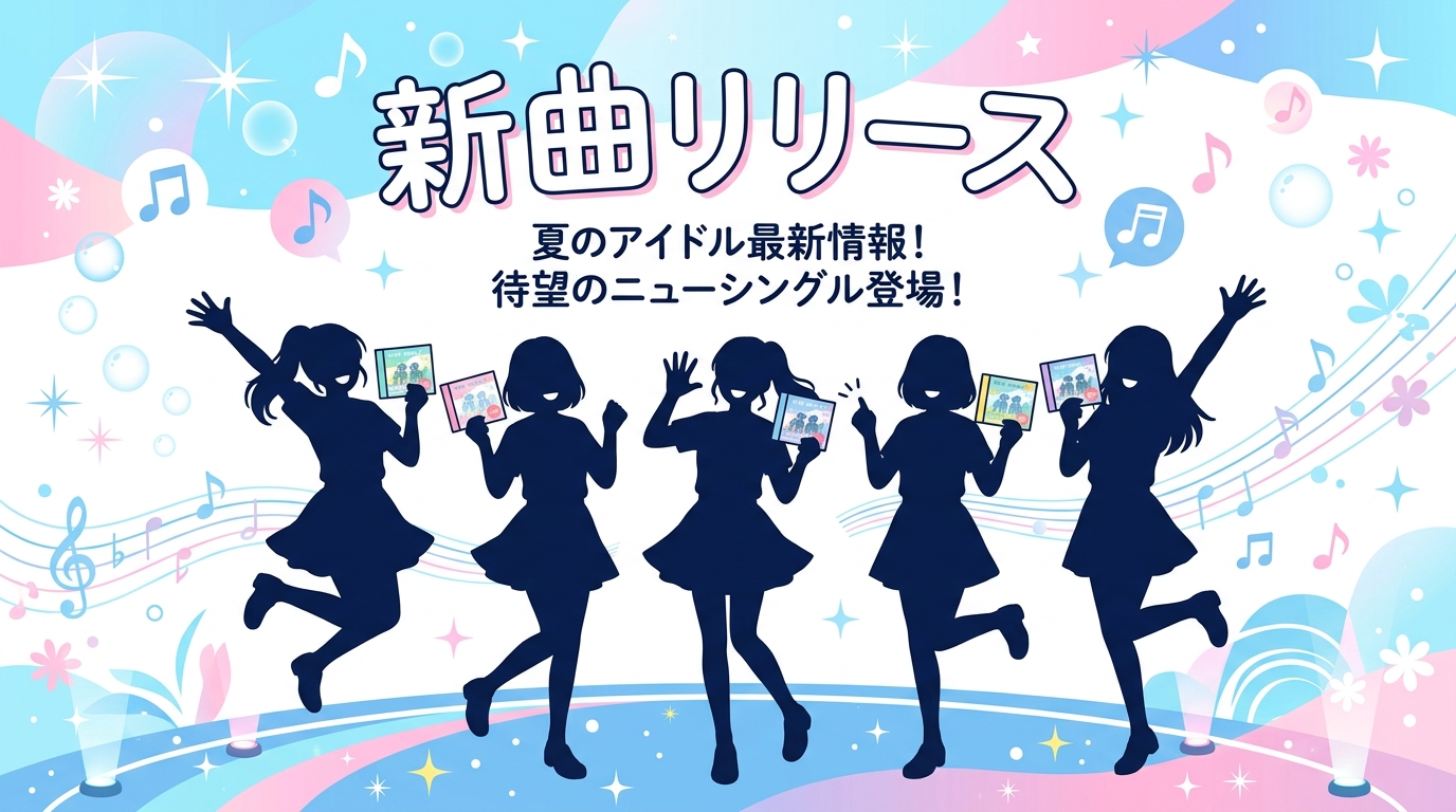 CDジャケットを持って笑顔でポーズを取る複数人のアイドルグループのシルエット、夏らしい爽やかな背景