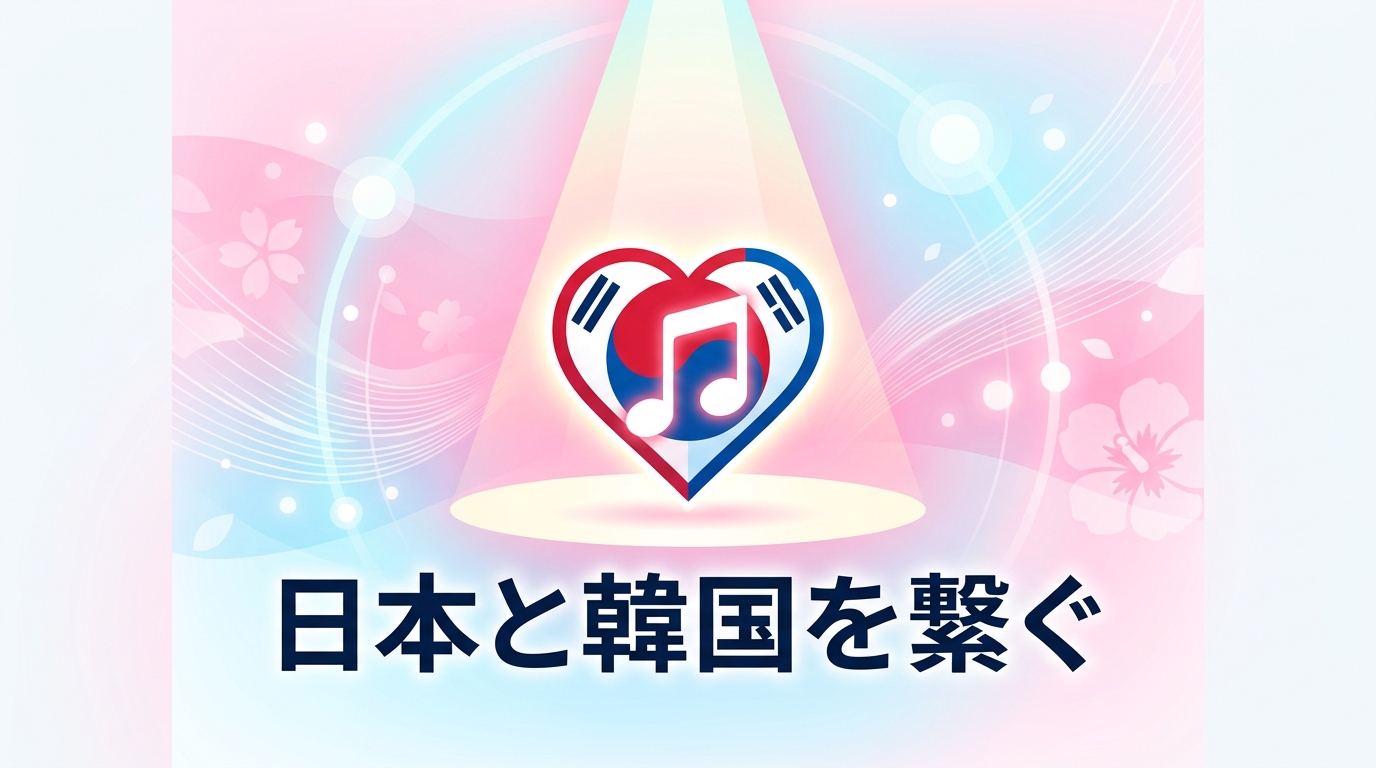 日本と韓国の国旗カラーを組み合わせたハートマークと音符のイラスト、ステージのスポットライトを思わせる演出、ピンクと水色の配色