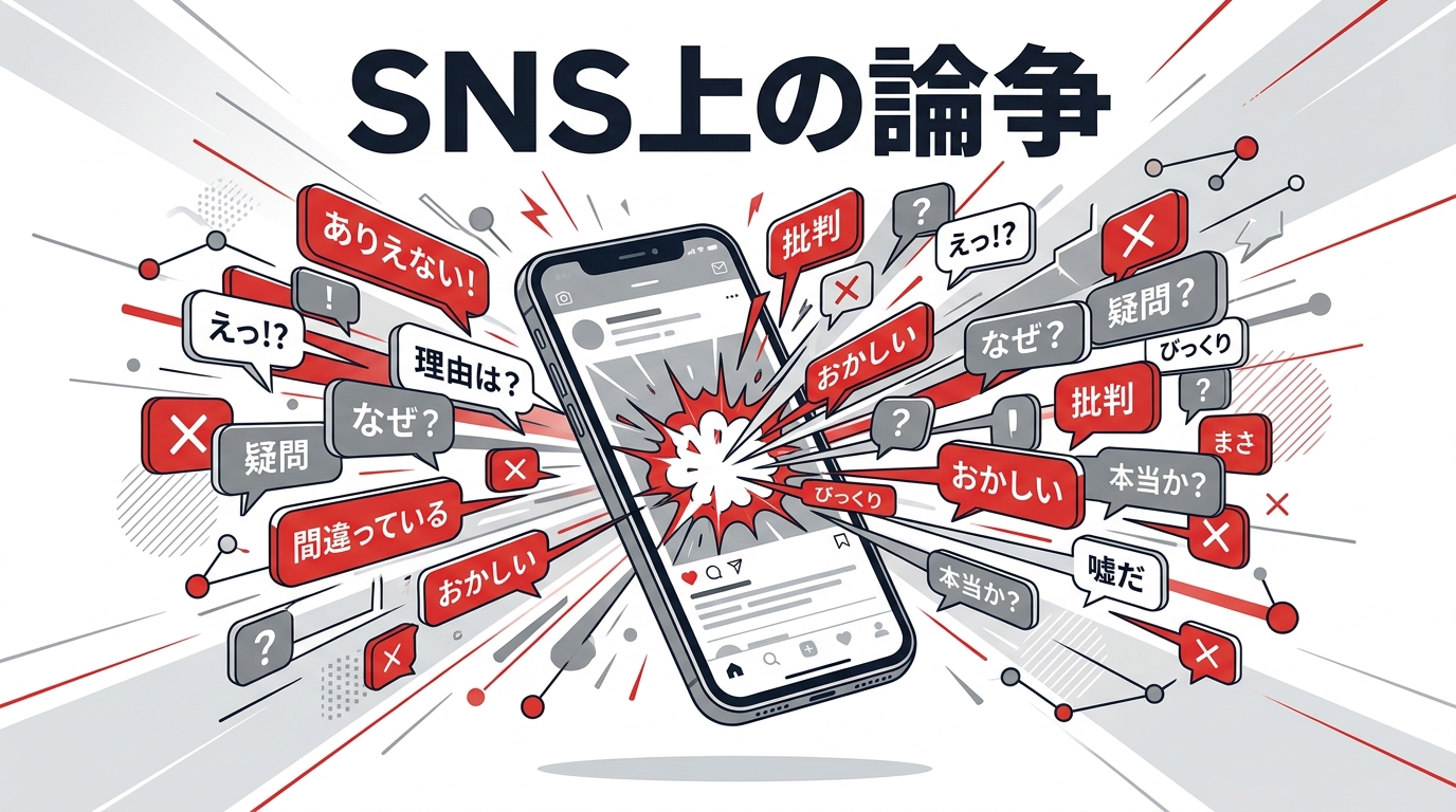 SNSで炎上する様子を表すスマートフォンと吹き出しアイコンが飛び交うイラスト、批判コメントを表す赤い吹き出し