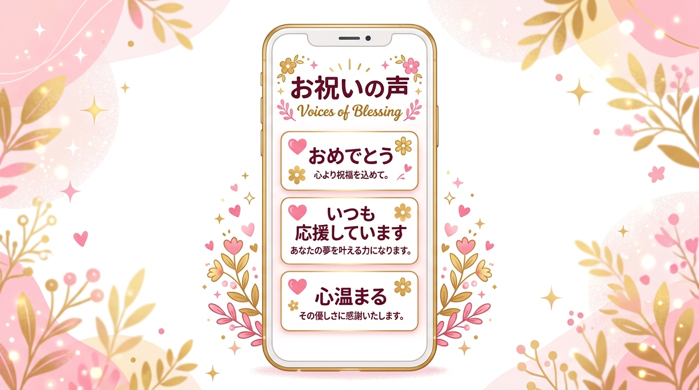 SNSで祝福コメントが並ぶスマートフォン画面のイラスト、ハートマークと花のモチーフ、明るいピンクとゴールドの配色