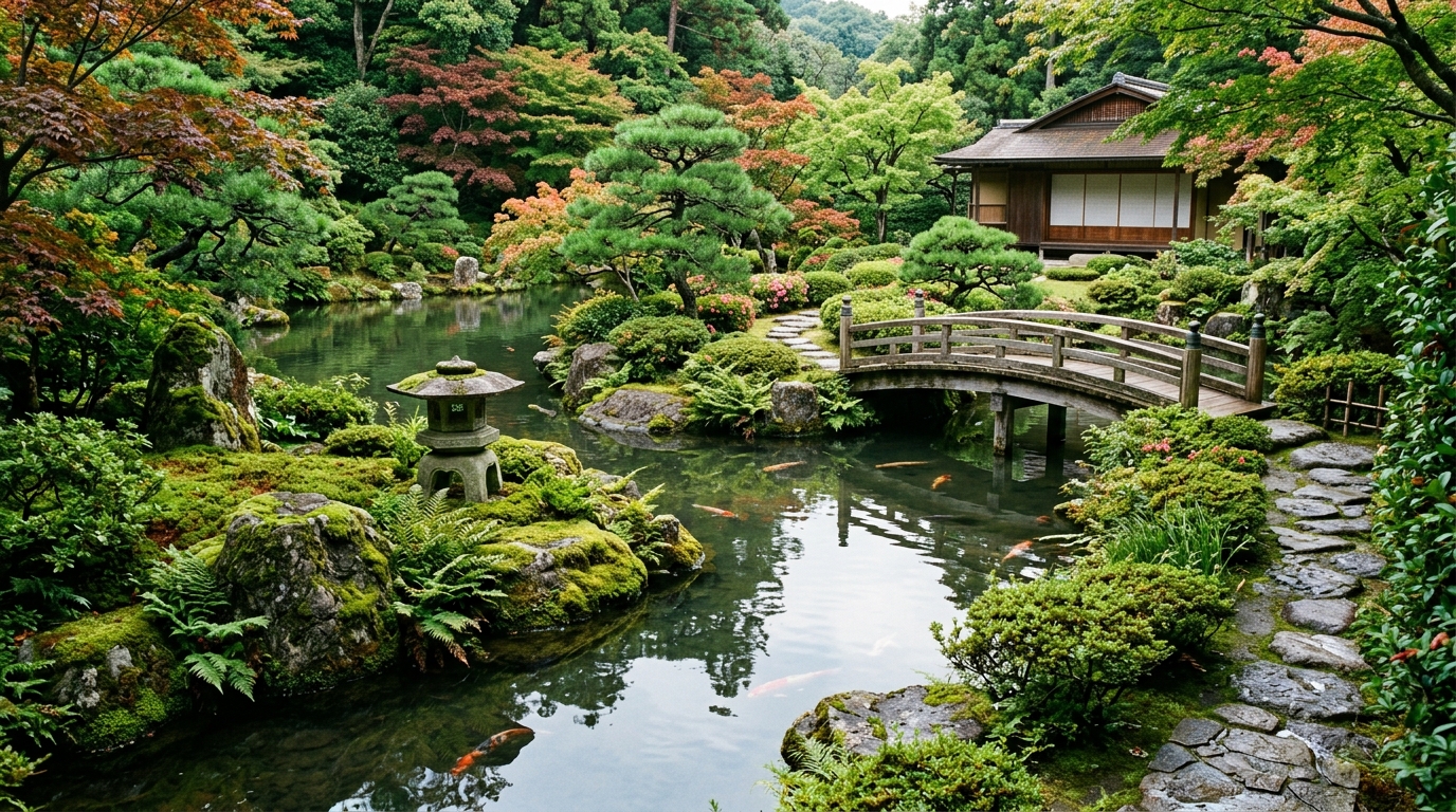 日本庭園 石組みと池