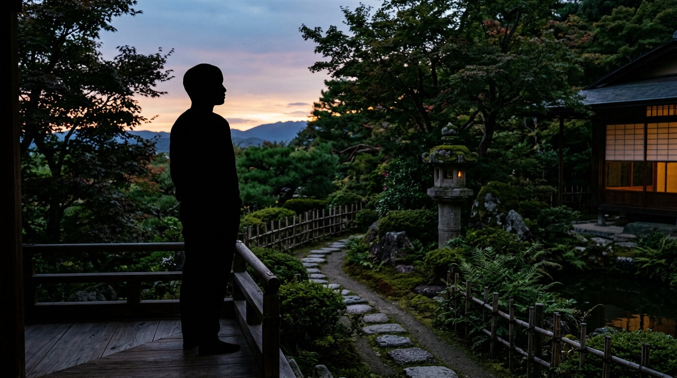 庭園を眺める後ろ姿のシルエット