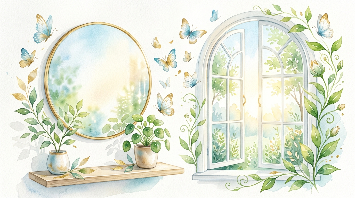 朝日が差し込む窓辺に置かれた鏡と観葉植物、蝶が舞う爽やかな水彩イラスト