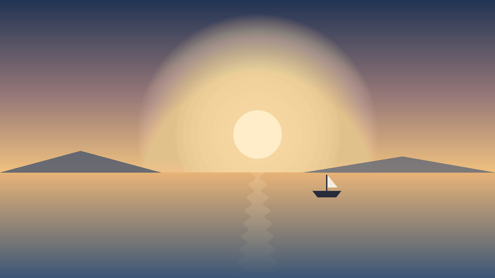 海辺の町にのぼる朝日と小さな漁船のイラスト。復興と再生をイメージしたあたたかい色調