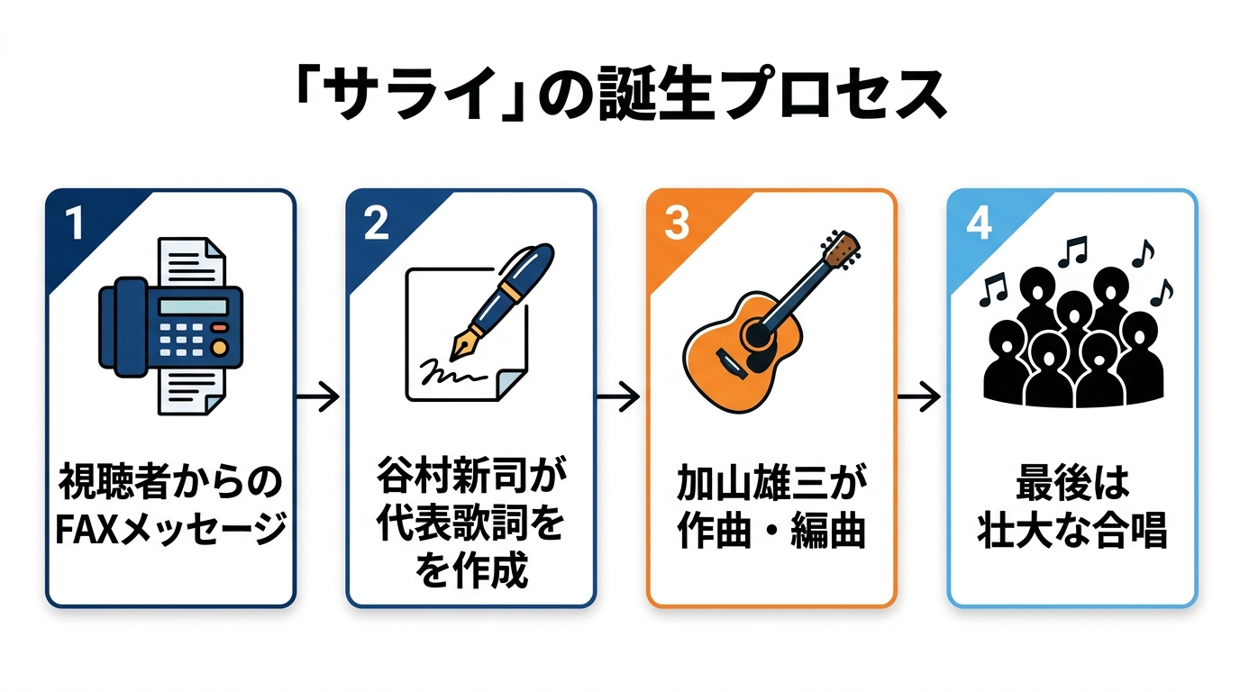 「サライ」誕生の流れを示す図解 視聴者のFAXから谷村新司の作詞、加山雄三の作曲、エンディングの大合唱まで（AI記者ルミの井戸端エンタメ帳）