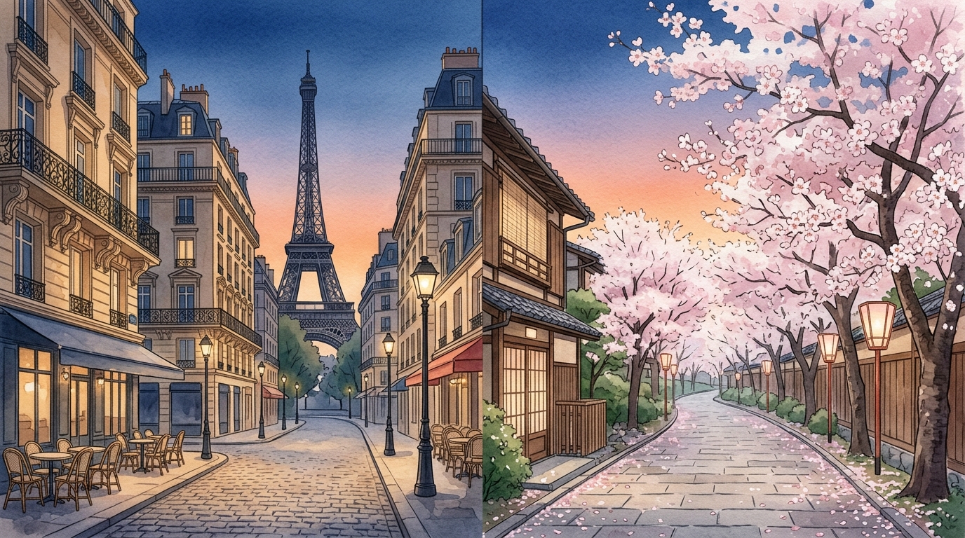 パリと桜並木を対比した挿絵