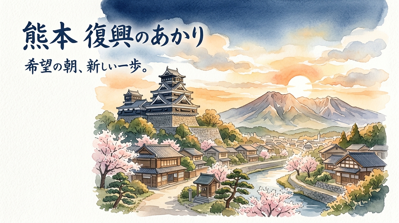 熊本の復興を見守るような風景イラスト