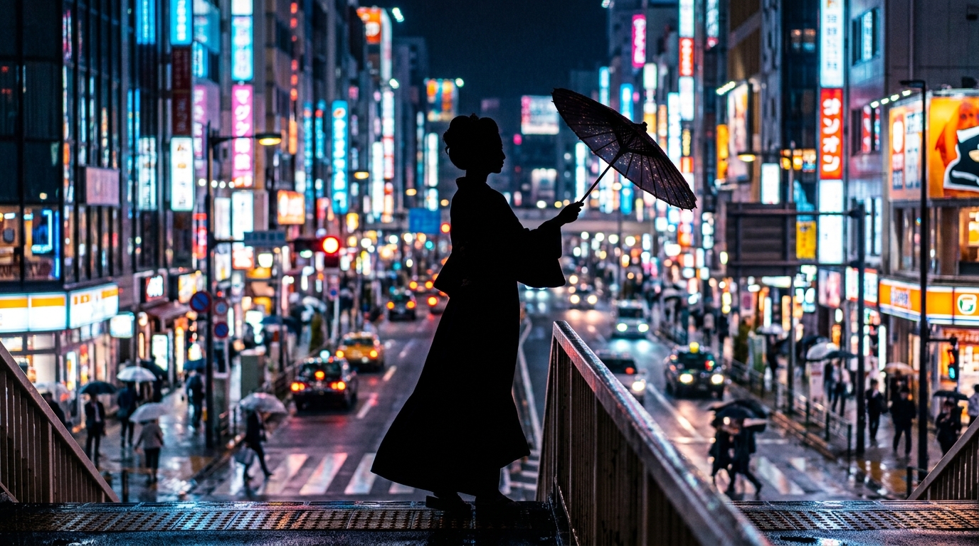 着物とドレスが融合した衣装を着た女性の後ろ姿シルエットが、繁華街のネオンを背に立っているイメージイラスト、文字なしの美しいイラスト