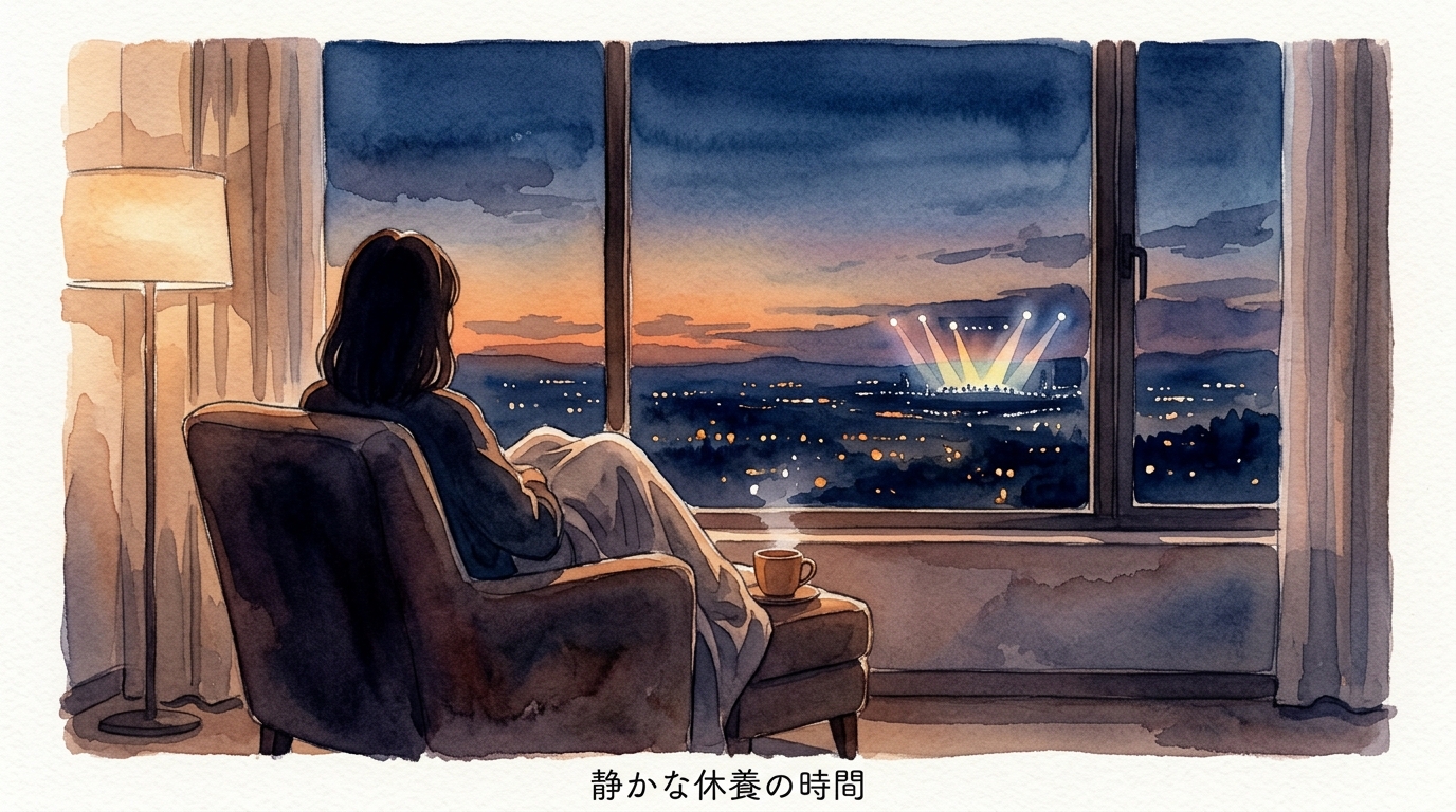 静養する人物の後ろ姿と、遠くに見えるステージの灯りを対比的に描いたイラスト、温かみのある色調
