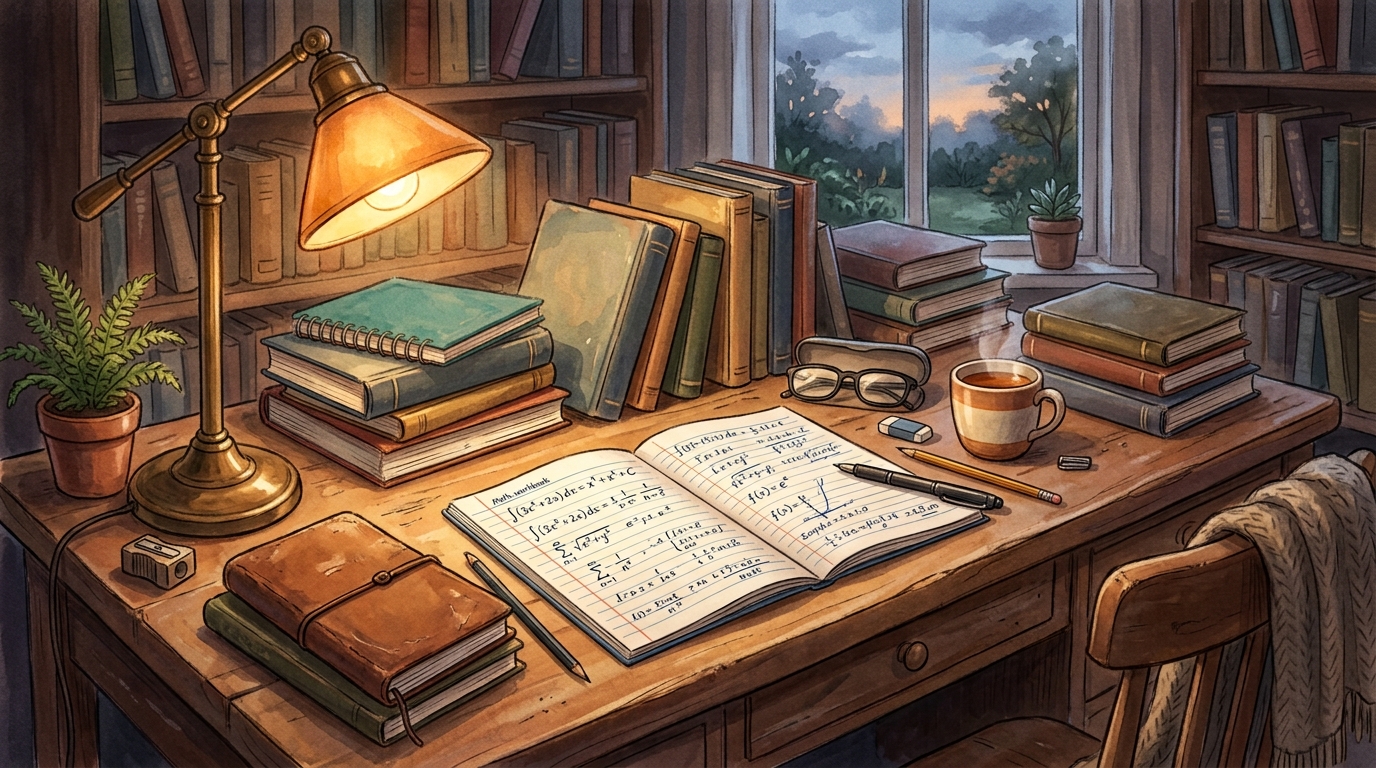 参考書とノートが積まれた勉強机、数学のドリルを描いたイラスト