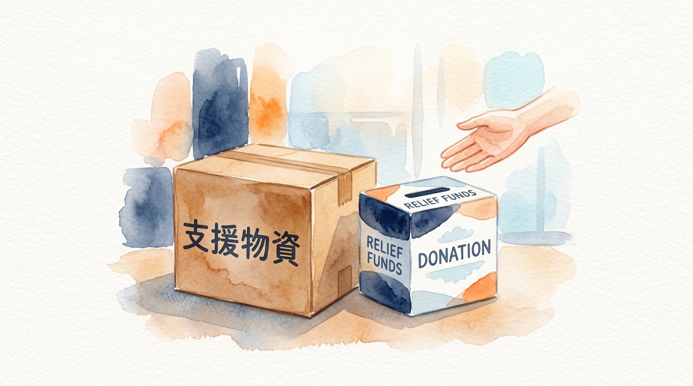 支援物資と義援金の寄付をイメージしたイラスト