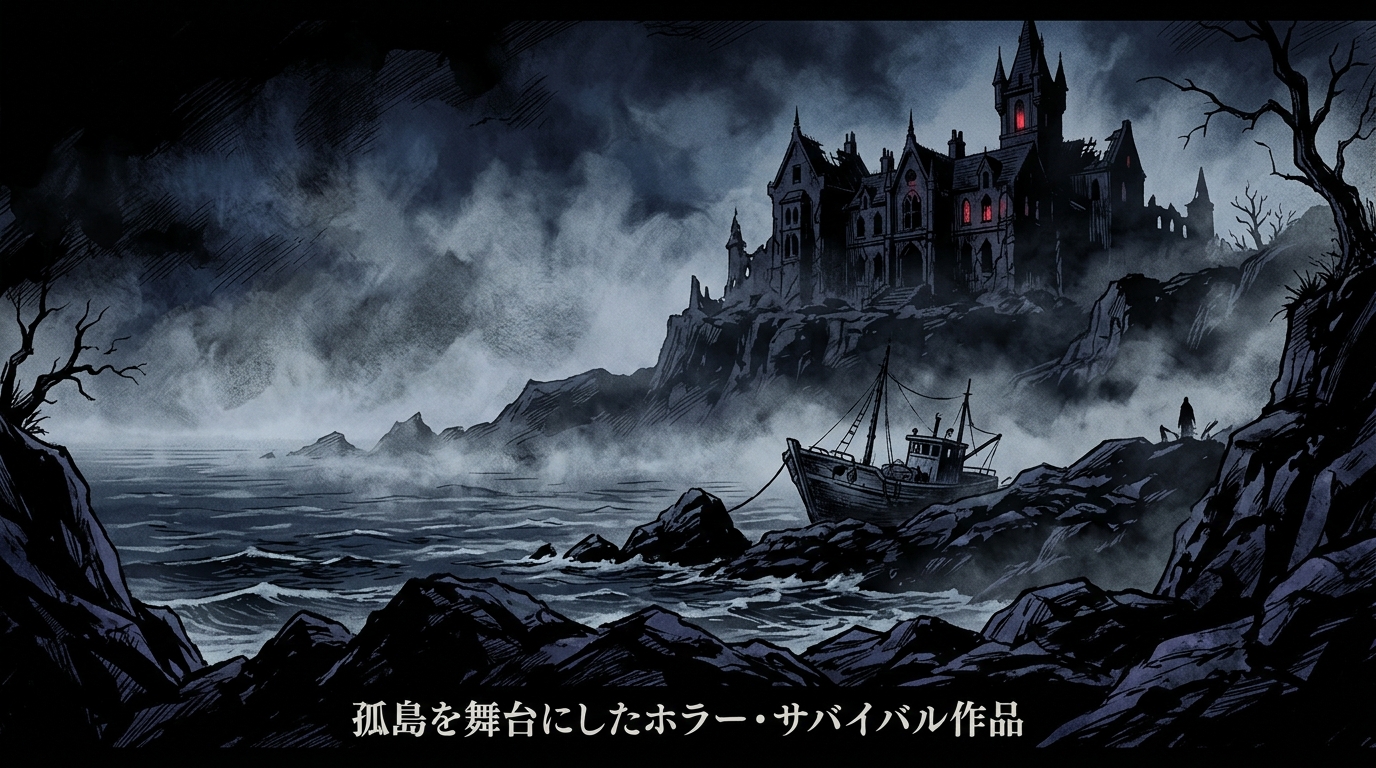 吸血鬼に支配された孤島を舞台にしたサバイバルホラー漫画・映画のワンシーンを想起させるイラスト、暗い岩場と霧のシルエット