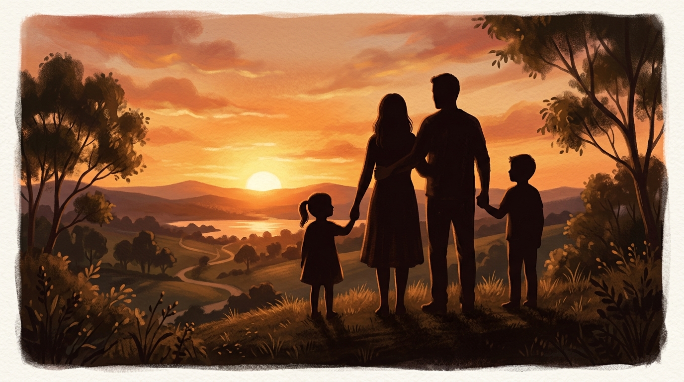 寄り添う夫婦と二人の子どものシルエットを描いた家族のイラスト