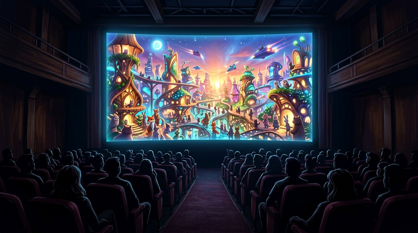 映画館の客席からスクリーンを見上げる構図のイラスト