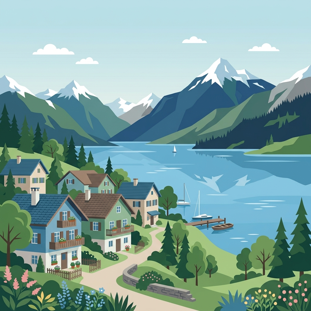 スイスの湖畔と山並みを背景にした落ち着いた住宅街の情景。人物は描かない