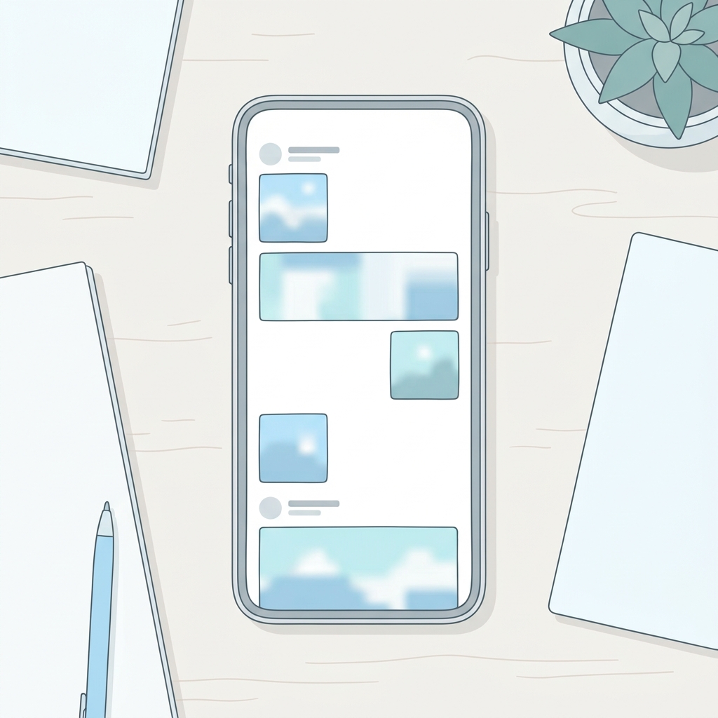 スマートフォンの画面にSNSのタイムラインが並ぶ様子を、机の上から俯瞰した情景。文字は判読できないぼかしにする