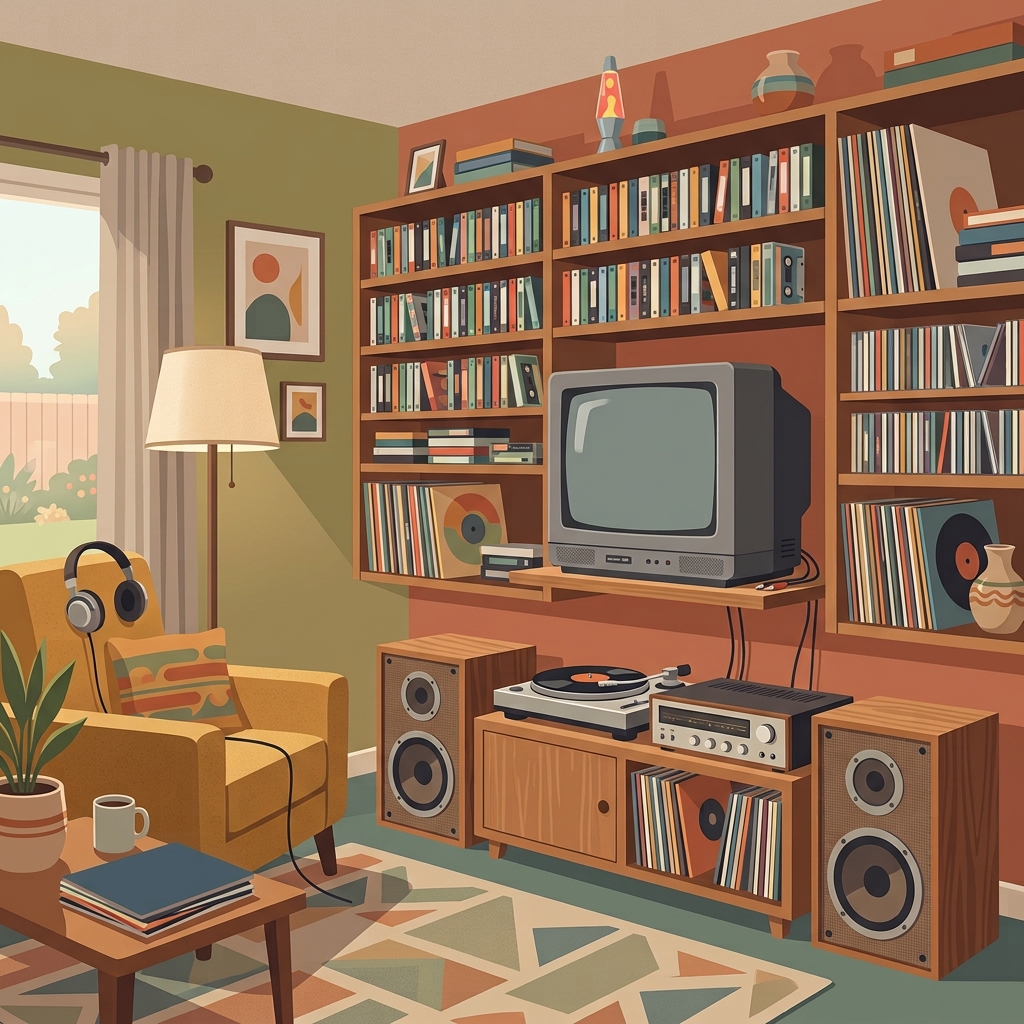 古いテレビとカセットテープ、CDが並んだ1990年代後半の音楽部屋の情景。人物は描かない